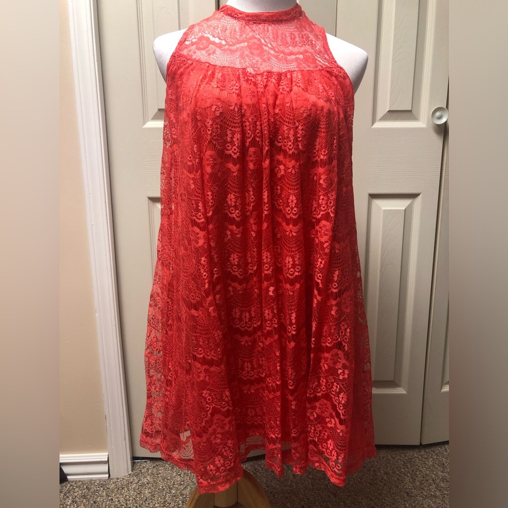 Rebellion Size Large lined coral dress with lacy overlay